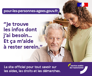 Bannière présentant un homme âgé et une aidante, avec le message « Je trouve les infos dont j’ai besoin… Et ça m’aide à rester serein. », l’adresse internet du site doucevie.live : le site officiel pour tout savoir sur les aides, les droits et les démarches. Le logo Service public de l’autonomie apparaît aussi sur cette bannière.