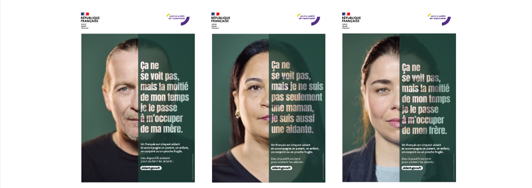 3 affiches de la campagne officielle pour les aidants avec le texte :