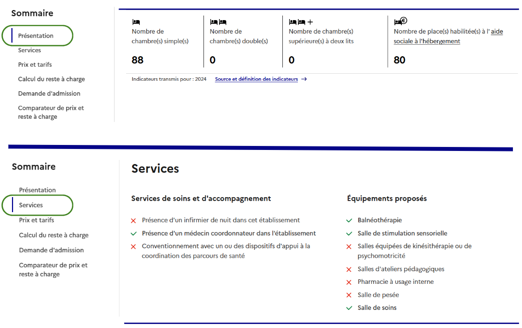 Exemple d'affichage dans l'annuaire de la fiche EHPAD Image illustrative