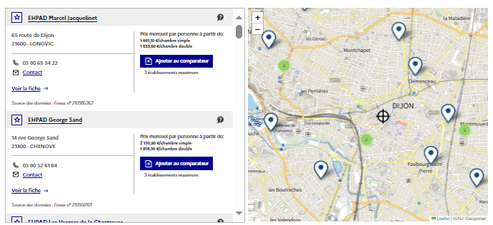 Exemple d'affichage des résultats d'une recherche dans l'annuaire officiel des EHPAD Image illustrative