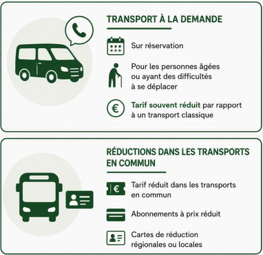 Infographie sur des dispositifs d’aide à la mobilité pour les personnes âgées. Un pictogramme de véhicule illustre le transport à la demande avec la mention : réservation préalable, service destiné aux personnes âgées ou ayant des difficultés à se déplacer, et tarif souvent réduit par rapport à un transport classique. Un pictogramme de bus et de carte de transport illustre les réductions dans les transports en commun : tarifs et abonnement à prix réduits dans les transports en commun,  cartes de réduction 