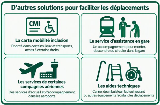 Infographie intitulée « D’autres solutions pour faciliter les déplacements ». Quatre solutions sont présentées avec des pictogrammes : la carte mobilité inclusion, le service d’assistance en gare, les services d’accueil et d’accompagnement dans les aéroports et les aides techniques à la mobilité (canne, déambulateur, fauteuil roulant).