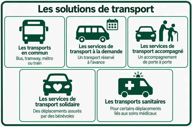 Infographie intitulée « Les solutions de transport ». Cinq solutions de déplacement sont présentées dans des vignettes illustrées par des pictogrammes : les transports en commun (bus, tramway, métro ou train), les services de transport à la demande (transport réservé à l’avance), les services de transport accompagné (accompagnement de porte à porte), les services de transport solidaire (déplacements assurés par des bénévoles) et les transports sanitaires (pour certains déplacements liés aux soins médicaux).